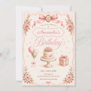 Vintage Pink Bow Floral Cake Birthday Invitation