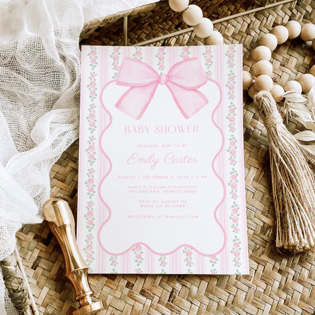 Vintage Pink Bow Floral Elegant Baby Shower Invitation | Zazzle