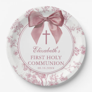 Vintage Pink Bow Floral First Holy Communion Paper Plates