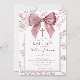 Vintage Pink Bow Floral Girl Baptism Invitation