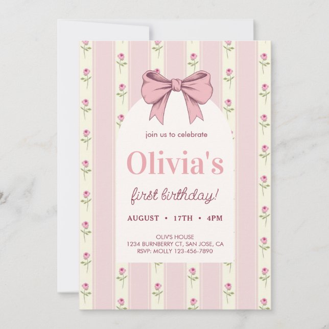  Vintage Pink Bow Floral Girl Birthday Invitation (Front)
