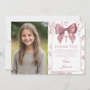 Vintage Pink Bow Floral Girl Confirmation Photo Thank You Card