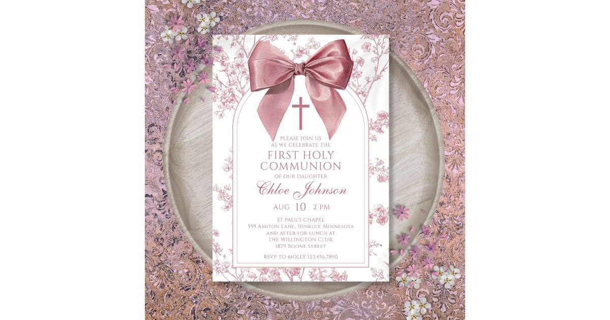 Vintage Pink Bow Floral Girl First Holy Communion Invitation | Zazzle