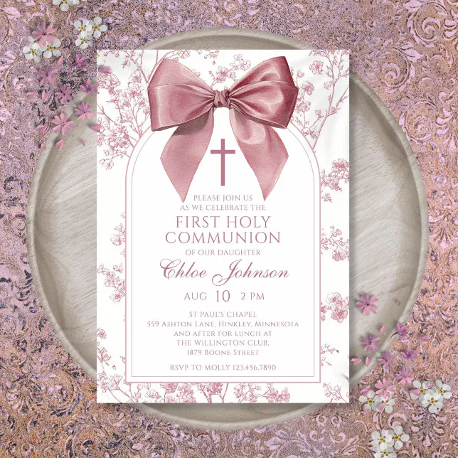 Vintage Pink Bow Floral Girl First Holy Communion Invitation | Zazzle