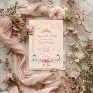 Vintage Pink Bow Floral Quinceanera Save the Date Announcement