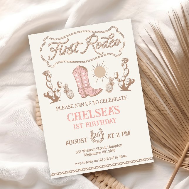 Vintage Pink Brown Cowgirl Boot Rodeo 1st Birthday Invitation (Vintage Pink Brown First Rodeo Birthday Invitation, 1st Rodeo Birthday Invite, Wild West Western)