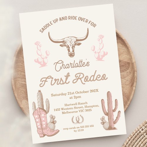 Vintage Pink Brown Girls First Rodeo 1st Birthday  Invitation