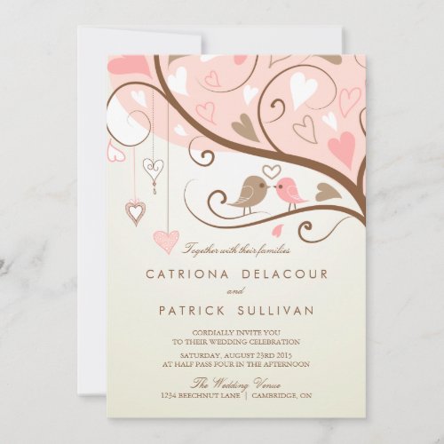 VINTAGE PINK  BROWN LOVEBIRDS WEDDING INVITATION