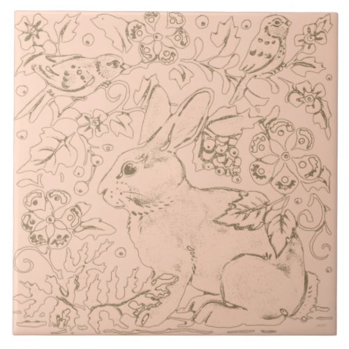 Vintage Pink Bunny Rabbit Bird Floral Drawing Ceramic Tile