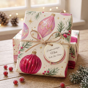 Vintage Pink & Burgundy Christmas Ornaments Wrapping Paper Sheets