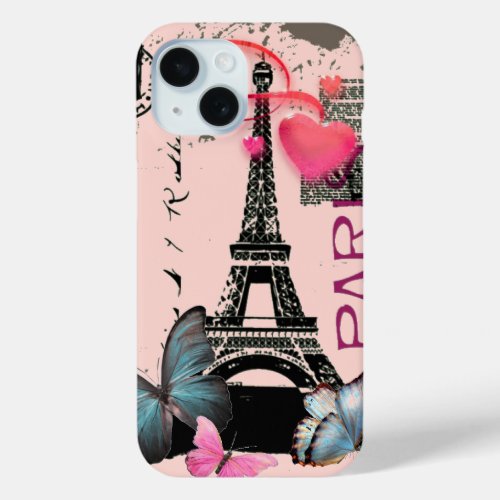 vintage pink butterfly Paris Effiel Tower iPhone 15 Case