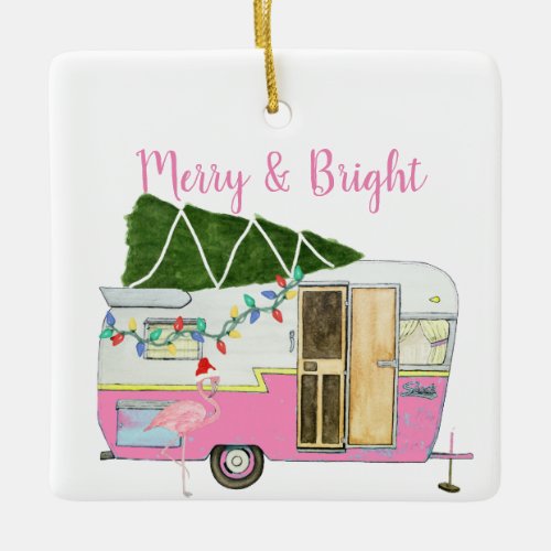 Vintage Pink Camping Trailer Ceramic Ornament