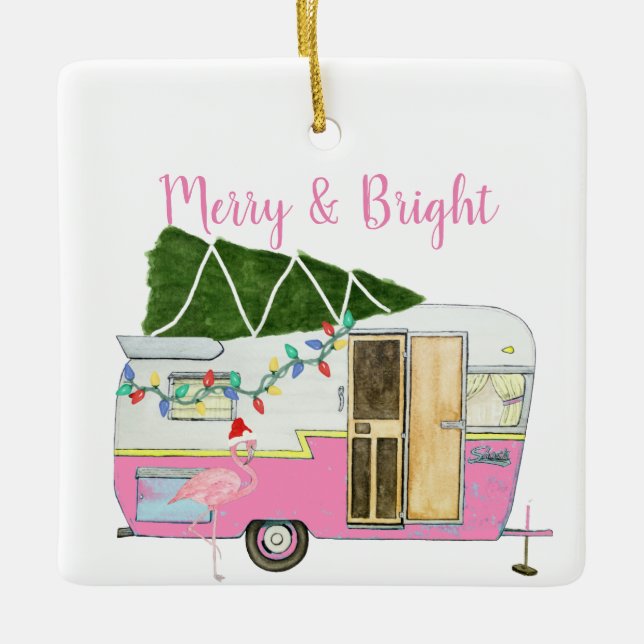 Vintage Pink Camping Trailer Ceramic Ornament (Front)