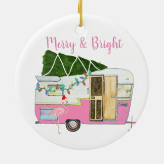 Vintage Pink Camping Trailer Ceramic Ornament