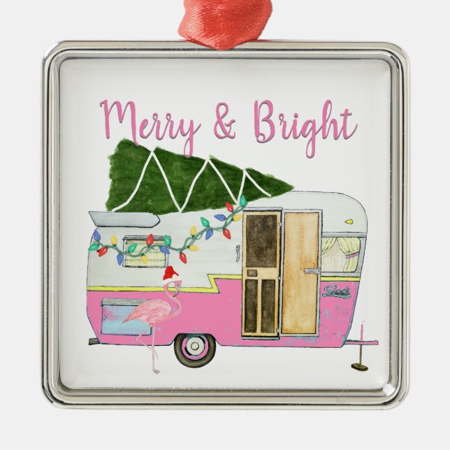 Vintage Pink Camping Trailer Christmas Ornament (Front)