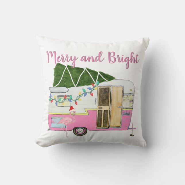 Vintage Pink Camping Trailer Pillow (Front)