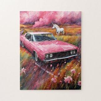 Vintage Pink Car and a Unicorn in a Meadow