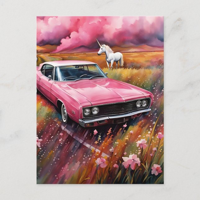 Vintage Pink Car and a Unicorn in a Meadow Postcard (Front)