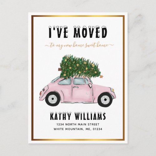 Vintage Pink Car Christmas Tree New Home Moving Announcement Postcard