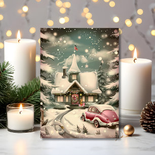 Vintage Pink Car & Snowy Cottage Holiday Card