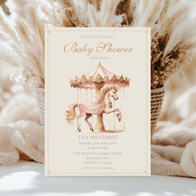 Vintage Pink Carousel Horse Watercolor Baby Shower Invitation (Creator Uploaded)