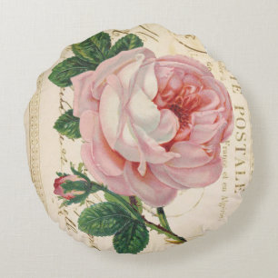 Vintage Pink Carte Postale Avec Rose Round Pillow