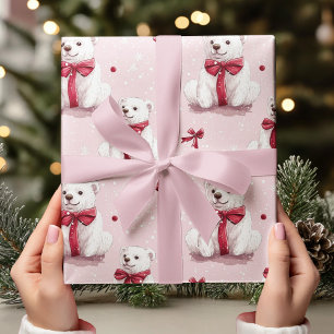Vintage Pink Christmas Bear with Red Bow Wrapping Paper