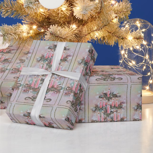 Vintage Pink Christmas Candles Tree  Wrapping Paper (Holidays)