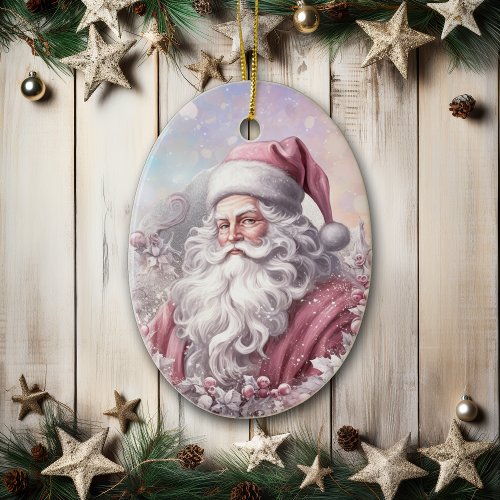 Vintage Pink Christmas Classic Santa Ceramic Ornament