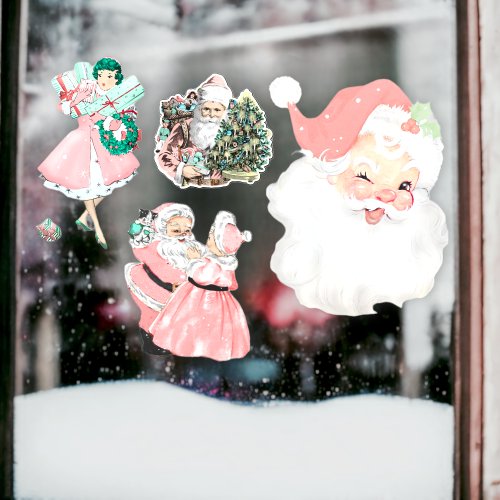 Vintage Pink Christmas Decor Window Clings 4pc Set