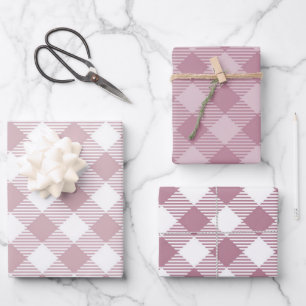 Vintage Pink Christmas Gingham Pattern Trio Mix Wrapping Paper Sheets