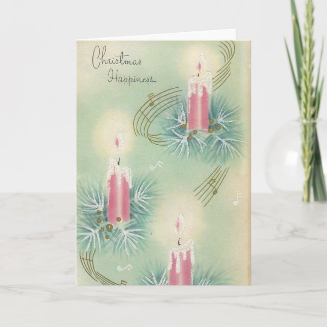 Vintage Pink Christmas Happiness Holiday Card (Front)