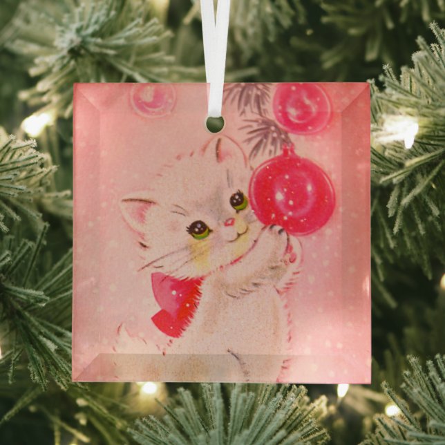 Vintage Pink Christmas Kitten Glass Ornament (Insitu)
