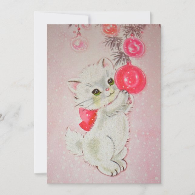 Vintage Pink Christmas Kitten Holiday Card (Front)