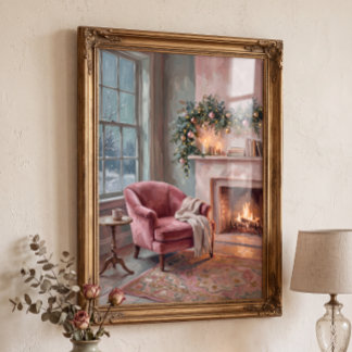 Vintage Pink Christmas Living Room Cottagecore Poster