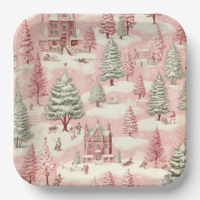 Vintage Pink Christmas  Paper Plates (Front)