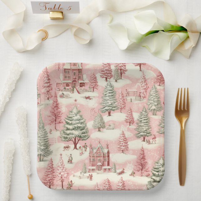 Vintage Pink Christmas  Paper Plates (Wedding)