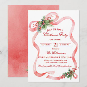 Vintage Pink Christmas Party Watercolor Bow Invitation