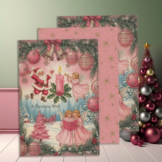 Vintage Pink Christmas Scene Wrapping Paper Sheets (Creator Uploaded)