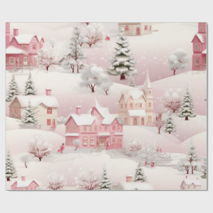 Vintage Pink Christmas Snow Village Wrapping Paper
