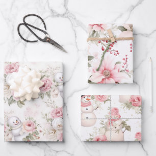 Vintage Pink Christmas Snowman And Flowers Wrapping Paper Sheets