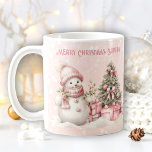 Vintage Pink Christmas Snowman Custom Name Snow Coffee Mug<br><div class="desc">Cute mug with a lovely vintage snowman with pink hat and Christmas tree on the pink snowy background and your own text - Kate Eden Art</div>