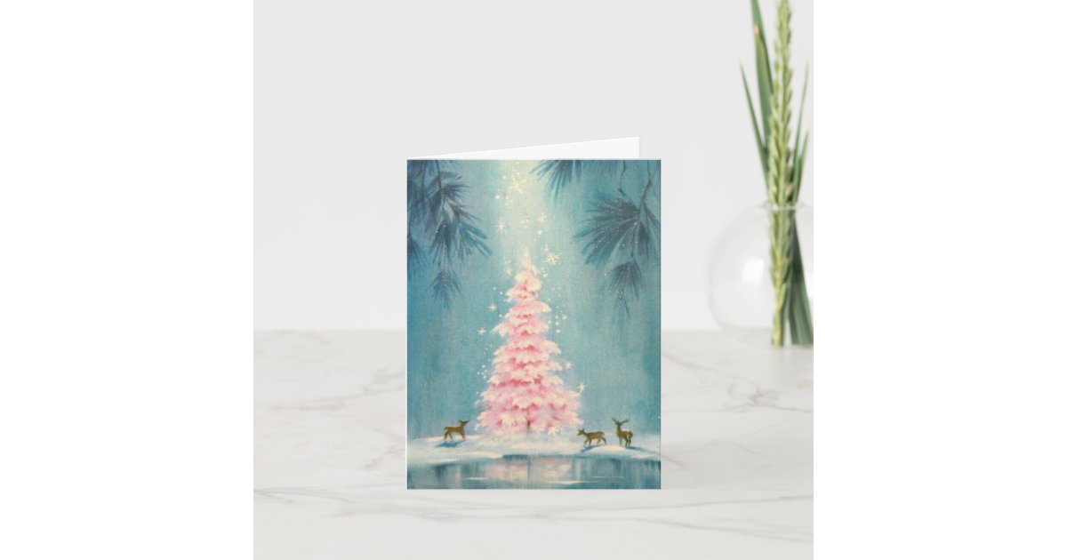 Vintage Pink Christmas Tree Deer Blue Background Holiday Card Zazzle Com