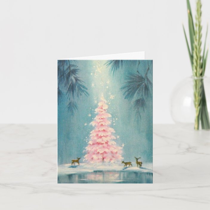 Vintage Pink Christmas Tree Deer Blue Background Holiday Card Zazzle Com