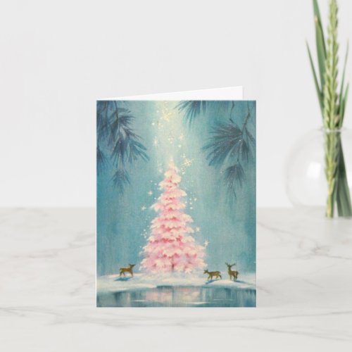 Vintage Pink Christmas Tree deer Blue background Holiday Card