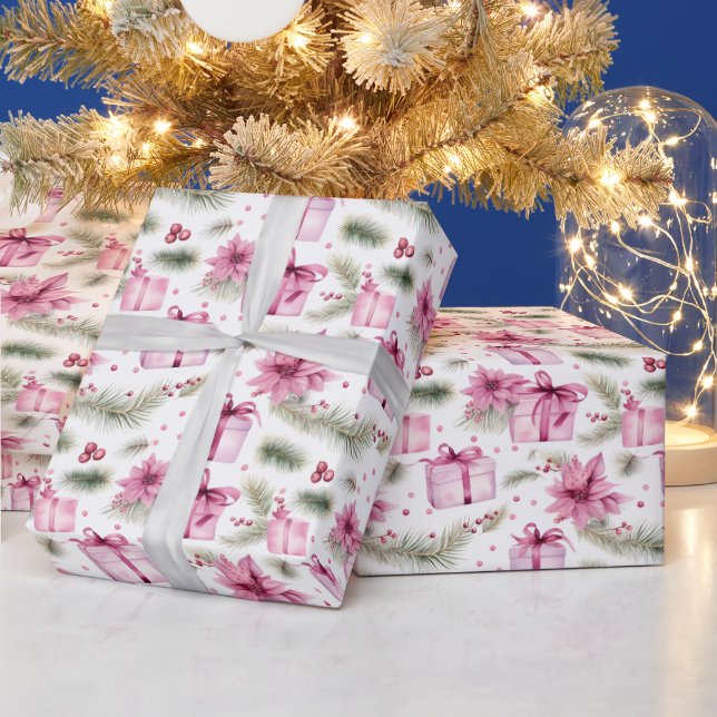 Vintage Pink Christmas Tree & Gifts Pattern Wrapping Paper (Holidays)