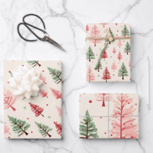Vintage Pink Christmas Tree Mix Wrapping Paper Sheets