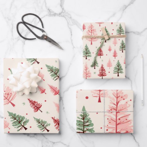 Vintage Pink Christmas Tree Mix Wrapping Paper Sheets