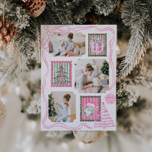 Vintage Pink Christmas Watercolor Family Photo Holiday Card