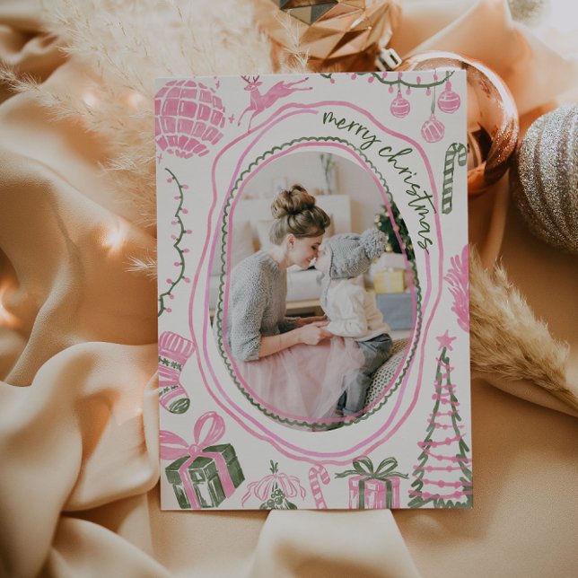 Vintage Pink Christmas Watercolor Family Photo Holiday Card (Vintage Pink Watercolor Christmas Card)